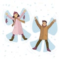 Couple the man and the woman in winter clothes roll play the fool in snow. Do snow angels. A vector illustration on a