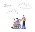 Man and girl in wheelchair walking to board plane. Disabled passenger travel concept