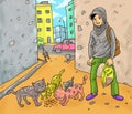 A man give cat food in the street cartoon