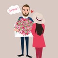 Man give girl flower bouquet surprise vector illustration