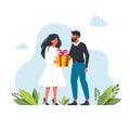 Man give a present to a woman. Flat vector illustration. Man Gives A Gift To Woman Present. Valentines Day or Birthday Royalty Free Stock Photo