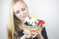 A man gives a beautiful girl a gift - a basket with cosmetics and hygiene products. Pleasant surprise for Birthday, Valentine`s Royalty Free Stock Photo