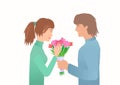 Guy give girl bouquet on the Date.