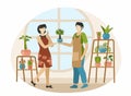 Man gives houseplant to girl. Male character in an apron giving decorative flower to joyful woman