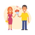 Man gives woman bouquet flowers and smiles. Vector characters Royalty Free Stock Photo