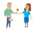 A man gives a woman flowers and cake. Happy married couple, husband and wife. Vector characters illustration, isolated Royalty Free Stock Photo