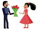 A man gives a woman flowers. Happy couple. Flowers for the beloved. A real man. Boy and girl. Boyfriend Gelfrend. Royalty Free Stock Photo