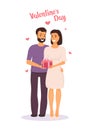 Man gives woman a gift for Valentine s day and hugs her. Happy couple in love on Valentine s day. Vector illustration in flat