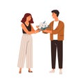 Man giving bouquet of rose flowers to female vector flat illustration. Enamored guy making gift feeling love. Beautiful