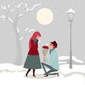 A man giving flowers to his lover on a winter day.