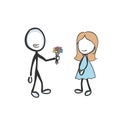 Man giving flowers to lady. Happy couple. Making present. Hand drawn. Stickman cartoon. Doodle sketch, Vector graphic illustration