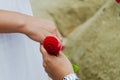 Man giving gift box with engagement ring to woman Royalty Free Stock Photo