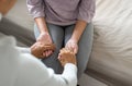 Man giving hand to depressed woman patient,Personal development including life coaching therapy sessions and speech therapy,Mental Royalty Free Stock Photo