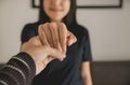 Man giving hand to depressed woman,Psychiatrist holding hands patient,such as making a fresh start, and loving yourself,Mental hea Royalty Free Stock Photo