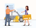 Man giving a key from the car to the young woman. Purchase, car insurance concept illustration in flat cartoon style.