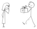 Man Giving Present or Gift to Woman or Girl, Vector Cartoon Stick Figure Illustration Royalty Free Stock Photo