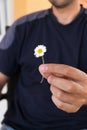 Man giving a present with a little daisy flower. Focus on flower. Close up