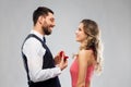 Man giving woman engagement ring on valentines day Royalty Free Stock Photo