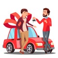 Man Giving Woman Keys Of Red Car Vector. Present, Gift. Illustration