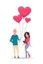 Man giving woman pink heart shape air balloons happy valentines day holiday concept young couple in love full length