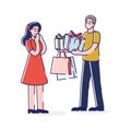 Man giving woman present for birthday, valentine day, new year or christmas holidays event