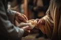 A man giving zakat charity during Ramadan. Man s generosity and giving spirit. The image show the man handing over food to those