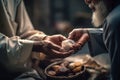 A man giving zakat charity during Ramadan. Man s generosity and giving spirit. The image show the man handing over food to those