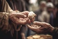 A man giving zakat charity during Ramadan. Man s generosity and giving spirit. The image show the man handing over food to those