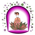 Man in a glass transparent flask. microbes won`t get in. isolation in the coronovirus.. girl sitting in lotus flower.