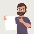 Man in glasses with beard shows a sheet of paper with the contract or other document. Vector illustration