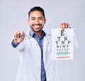 Man, glasses and eye chart of optometrist in portrait at studio isolated on white background. Face, spectacles and happy