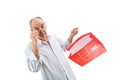 Man in glasses hold red paperbag Royalty Free Stock Photo