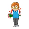 The man with the glasses holding a bucket of flowers and a big chocolate Royalty Free Stock Photo