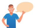 Man with glasses holds an empty speech bubble. The concept of personal opinion. Vector illustration