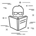 Man with glasses reading a big linear book icon over white backg