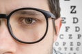 Man with glasses is testing his sight. Closeup view on eye Royalty Free Stock Photo