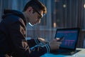 Man with glasses working on a laptop at night. Freelancer designer tries to solve the problem by staying late at work Royalty Free Stock Photo