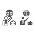 Man, globe and speech bubble, teacher line and solid icon, communication concept, international vector sign on white Royalty Free Stock Photo