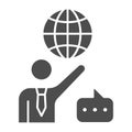 Man, globe and speech bubble, teacher solid icon, communication concept, international vector sign on white background Royalty Free Stock Photo