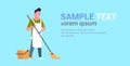 Man in gloves and apron washing floor guy using mop doing housework cleaning concept flat horizontal copy space blue Royalty Free Stock Photo