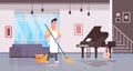 Man in gloves and apron washing floor guy using mop doing housework cleaning concept modern house living room interior