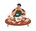 Man glutton eating fast junk food. Person overeating fastfood, burgers, fat snacks. Hungry character and unhealthy diet