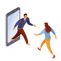 A man goes out of telepho, a woman goes in the direction of the phone, isolated object on a white background, vector