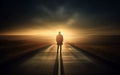 man goes on the road to the distance, the path to success, a journey, generative ai Royalty Free Stock Photo