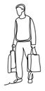 A man goes shopping. Continuous line drawing. Isolated on the white background. Vector illustration monochrome, drawing by lines