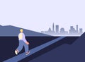 Man going in adult life. New way metaphor, young boy or student go to big city. Road to megapolis, person following the Royalty Free Stock Photo