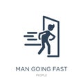 man going fast and with force against a door icon in trendy design style. man going fast and with force against a door icon