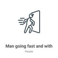 Man going fast and with force against a door outline vector icon. Thin line black man going fast and with force against a door