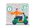 Man going by motorbike, using electric transport. Contemporary vehicle rental services