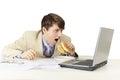 Man is going to eat sandwich isolated on white